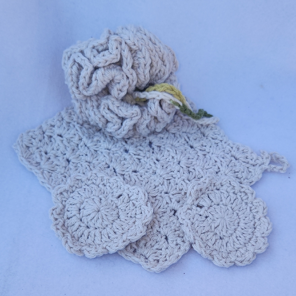 Handmade Crochet Elegant Cream Bath Spa Set 3 Items 100% Cotton